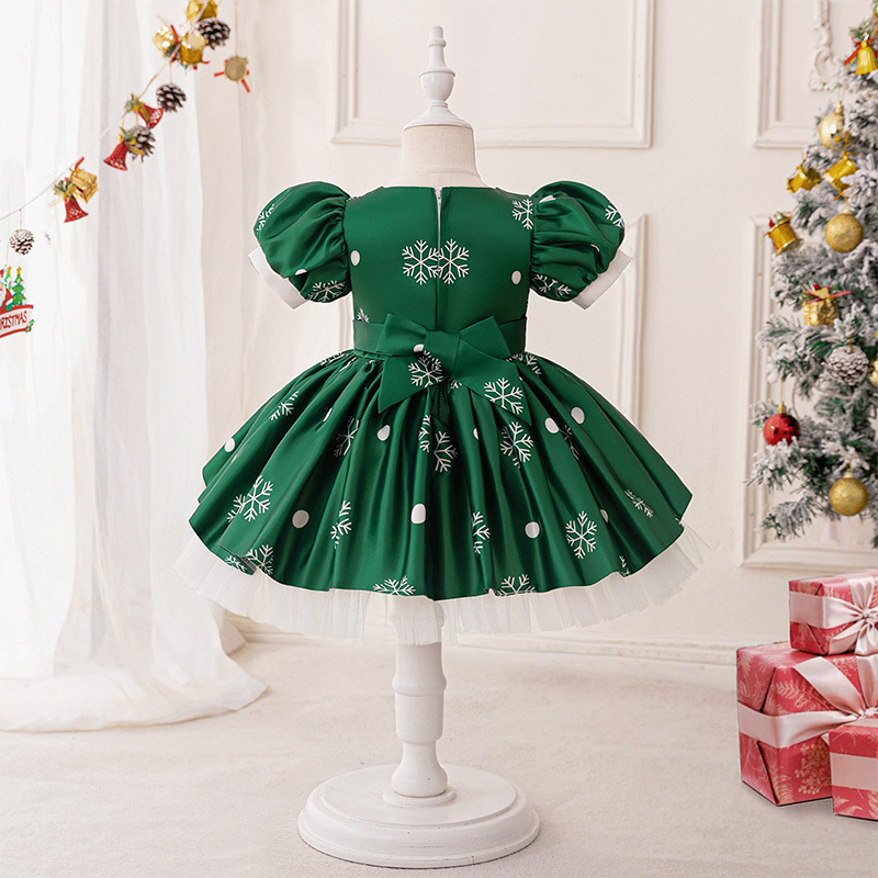 Satin Christmas Printing Bow Short Sleeve Mid-long Dresses - image 3