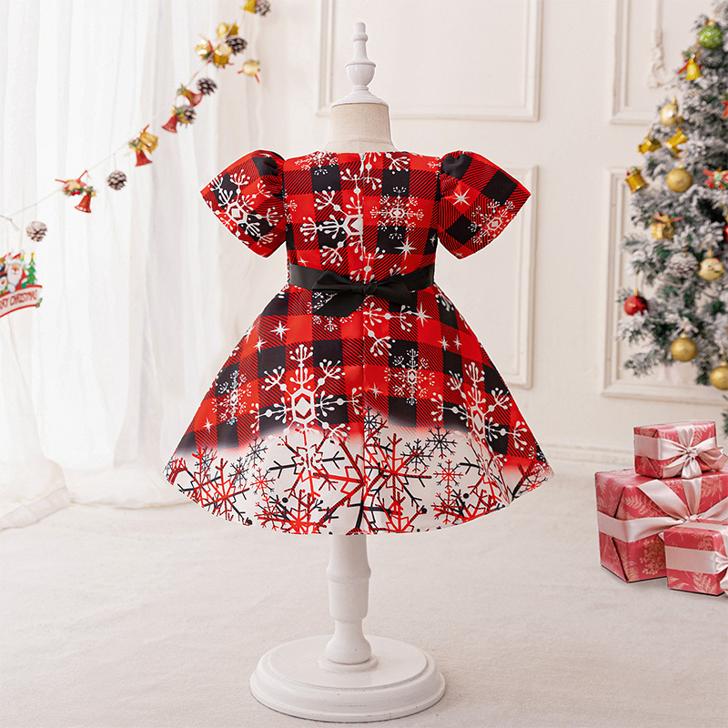 Satin Christmas Printing Bow Short Sleeve Mid-long Dresses - image 9