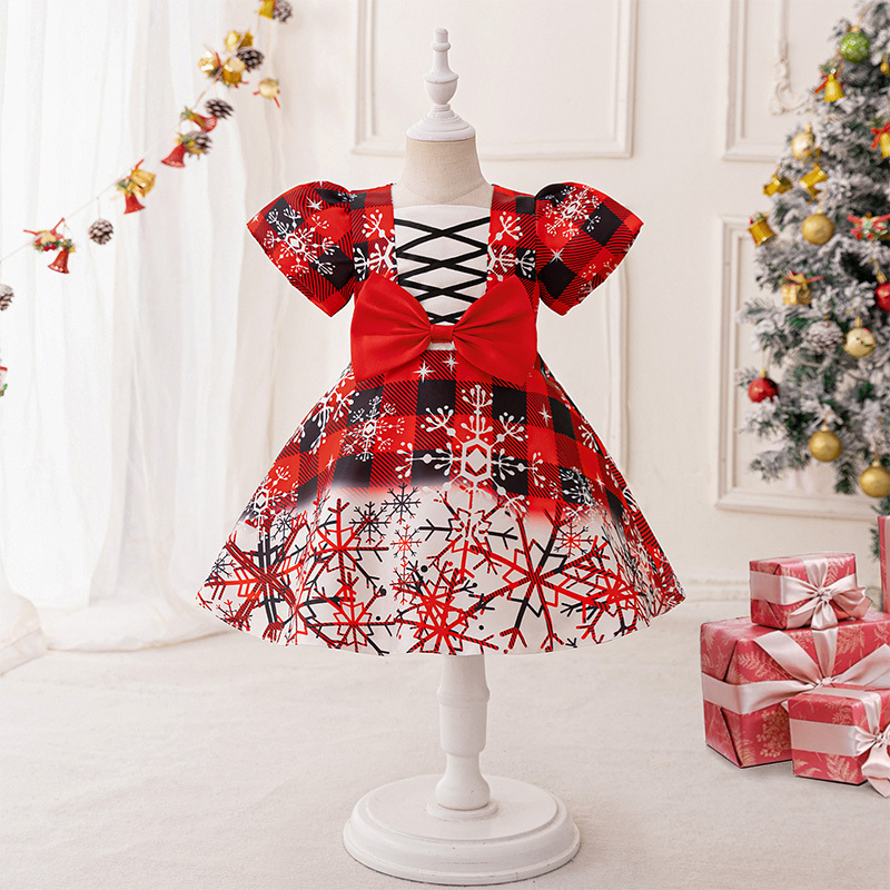 Satin Christmas Printing Bow Short Sleeve Mid-long Dresses - Red - 2-3Y - image 8