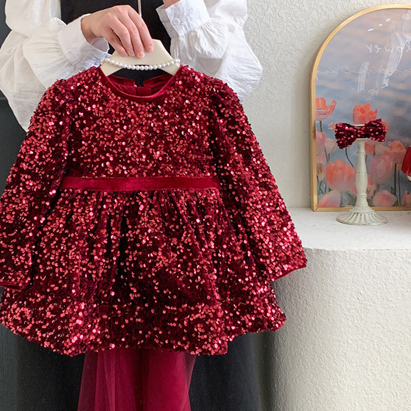 [Archive Sale] Cotton-blend Bow Fleece Sequins Long Sleeve Mid-long Dresses - image 2