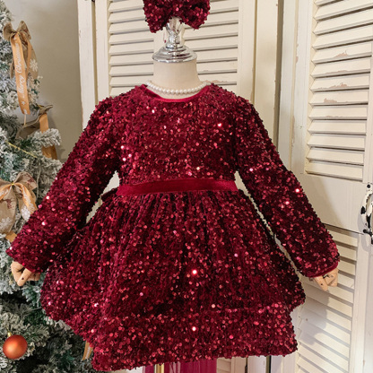 [Archive Sale] Cotton-blend Bow Fleece Sequins Long Sleeve Mid-long Dresses - Red - 3-4Y【110cm】 - image 1