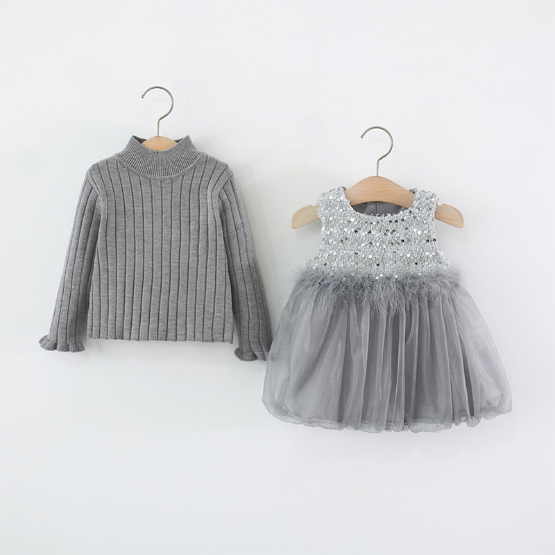 [Archive Sale] Velvet Feather-trimmed Fleece Long Sleeve Mid-long Two-piece Set - Grey - 1-2Y【90cm】 - image 1