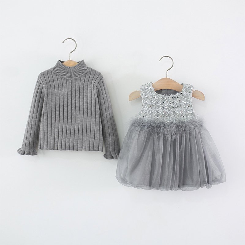 [Archive Sale] Velvet Feather-trimmed Fleece Long Sleeve Mid-long Two-piece Set - Grey - 1-2Y【90cm】 - image 1
