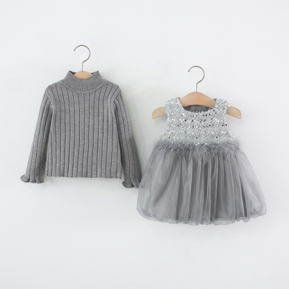 [Archive Sale] Velvet Feather-trimmed Fleece Long Sleeve Mid-long Two-piece Set - Grey - 1-2Y【90cm】 - image 1