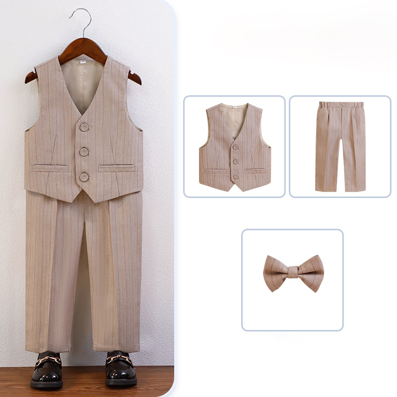 Chemical Fiber Blend Bow Regular Sleeve Regular Formal Suit - Khaki - 3-piece Set - 170cm - image 2