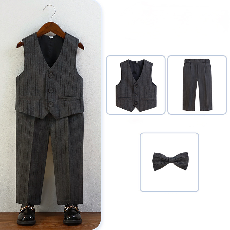Chemical Fiber Blend Bow Regular Sleeve Regular Formal Suit - Grey - 3-piece Set - 170cm - image 3