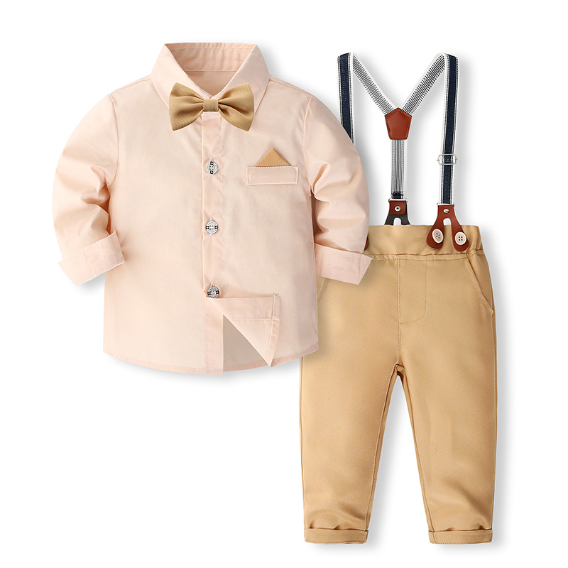 Cotton-blend Bow Overalls Long Sleeve Regular Two-piece Set - Beige - 5Y - image 1
