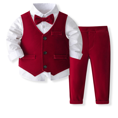 Velvet Bow Long Sleeve Regular Three-piece Set - Red - 120cm - image 16