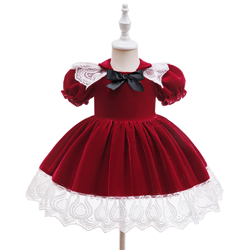 Velvet Bow Folds Short Sleeve Mid-long Dresses - Red - 2-3Y - image 1