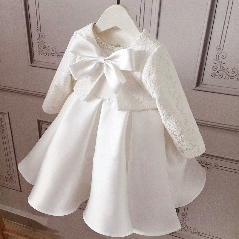Satin Bow Long Sleeve Mid-long Dresses - Long White - 150cm - image 1