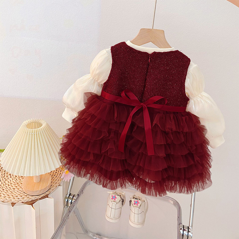 Mesh Bow Fleece Long Sleeve Mid-long Dresses - image 2