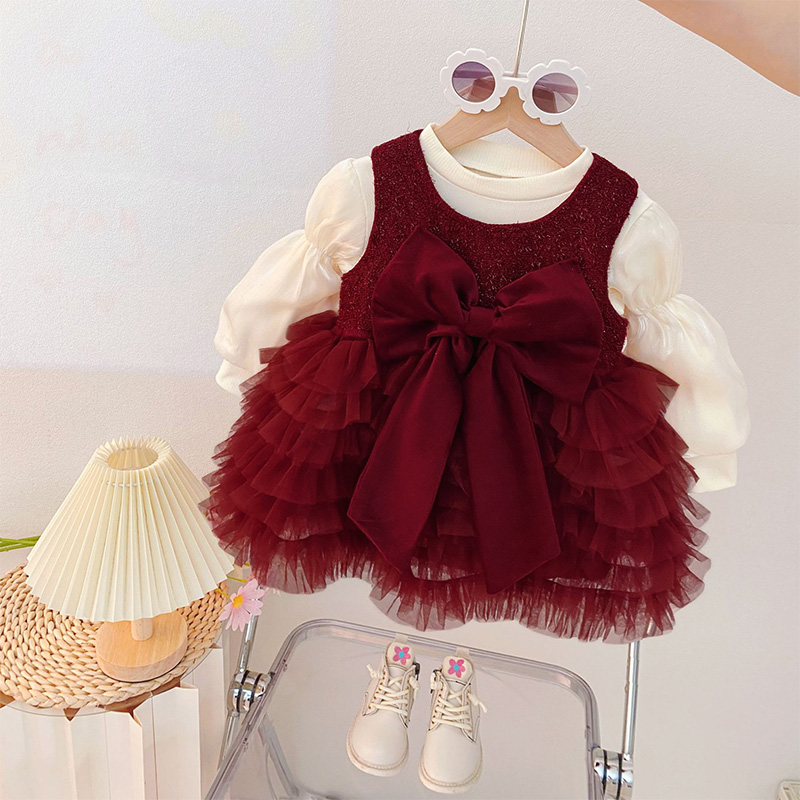 Mesh Bow Fleece Long Sleeve Mid-long Dresses - Red - 120cm - image 1