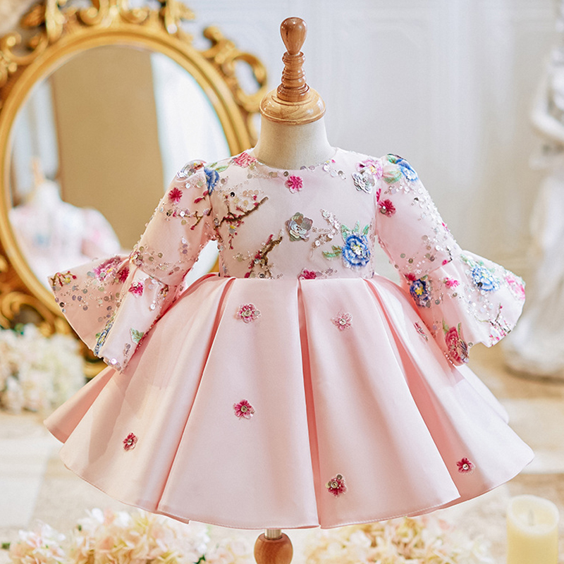 Satin Sequins Long Sleeve Midi Dresses - Pink - 12-13Y - image 1