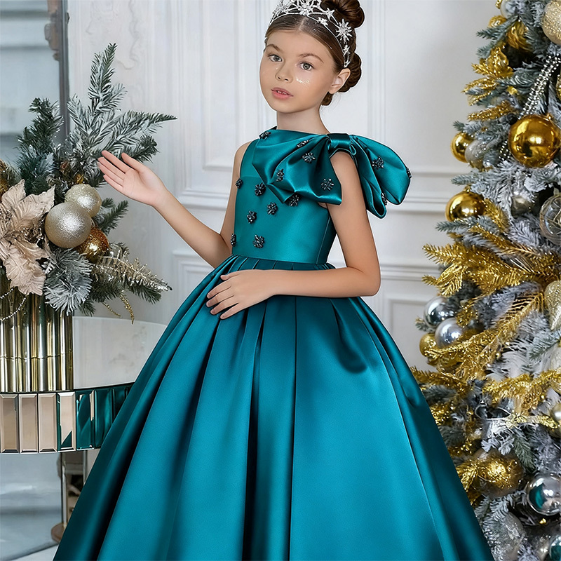 [Archive Sale] Satin Bow Sleeveless Mid-long Dresses - Green - 4-5Y - image 1