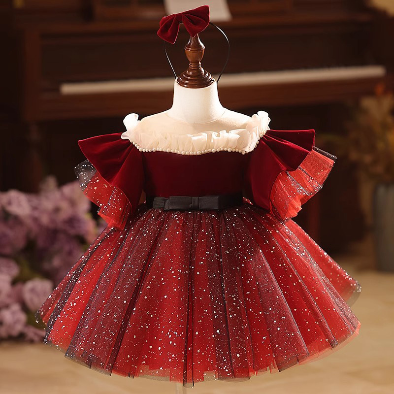 Velvet Split Joint Short Sleeve Midi Dresses - Red - 13-14Y - image 1