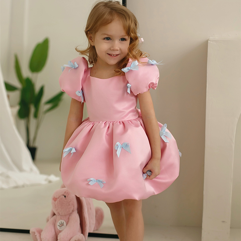Satin Bow Short Sleeve Mid-long Dresses - Pink - 140cm - image 1