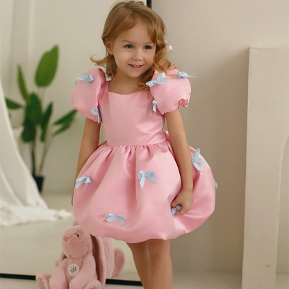 Satin Bow Short Sleeve Mid-long Dresses - Pink - 140cm - image 1