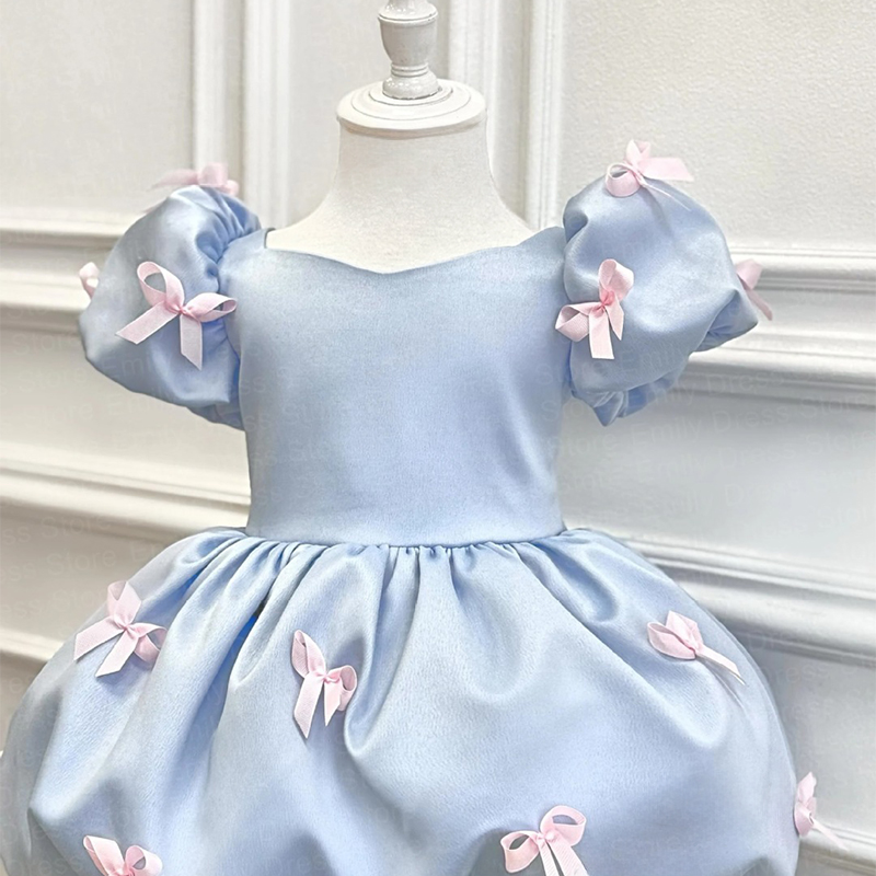 Satin Bow Short Sleeve Mid-long Dresses - Blue - 140cm - image 5