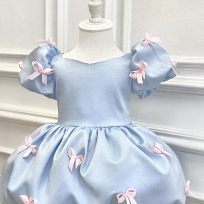 Satin Bow Short Sleeve Mid-long Dresses - Blue - 140cm - image 5