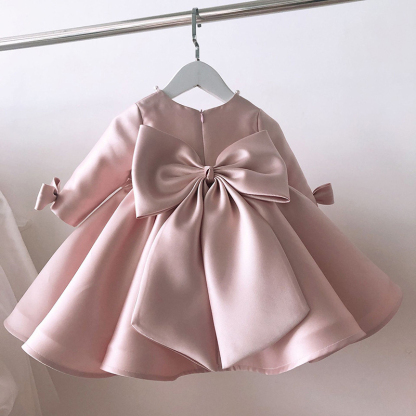[Archive Sale] Satin Bow Imitation Pearls Long Sleeve Mid-long Dresses - image 9