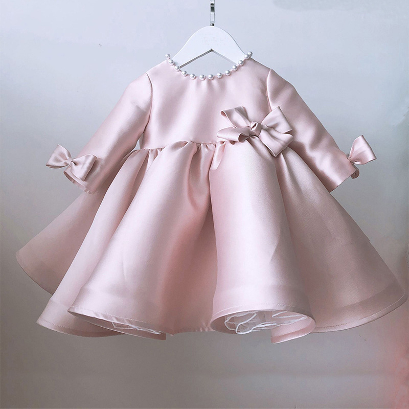 [Archive Sale] Satin Bow Imitation Pearls Long Sleeve Mid-long Dresses - image 8