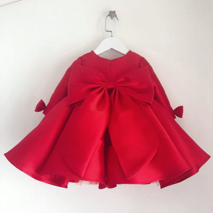 Satin Bow Imitation Pearls Long Sleeve Mid-long Dresses - image 12