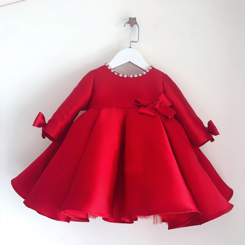 Satin Bow Imitation Pearls Long Sleeve Mid-long Dresses - Red - 11-13Y - image 11