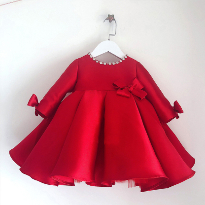 Satin Bow Imitation Pearls Long Sleeve Mid-long Dresses - Red - 11-13Y - image 11