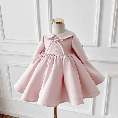 Satin Bow Imitation Pearls Long Sleeve Mid-long Dresses - image 2