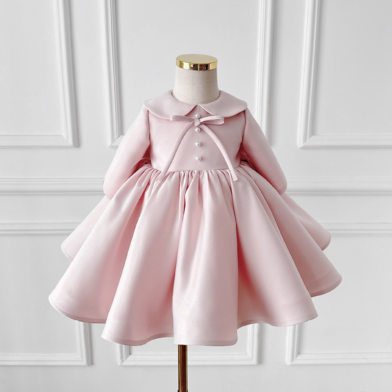 Satin Bow Imitation Pearls Long Sleeve Mid-long Dresses - Pink - 160cm - image 1