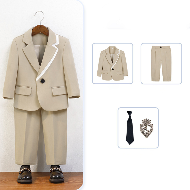 Chemical Fiber Blend Tie Regular Sleeve Regular Formal Suit - Khaki - 4-piece Set - 170cm - image 4