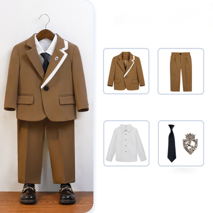 Chemical Fiber Blend Tie Regular Sleeve Regular Formal Suit - Brown - Shirt 5-piece Set - 170cm - image 5