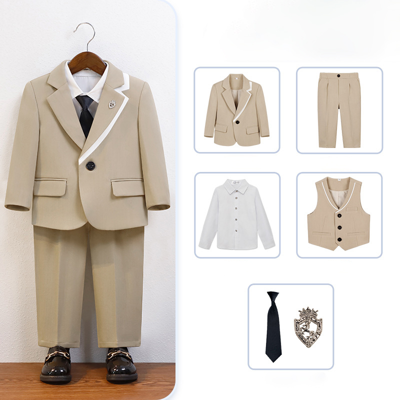 Chemical Fiber Blend Tie Regular Sleeve Regular Formal Suit - Khaki - 6-piece Set - 170cm - image 23
