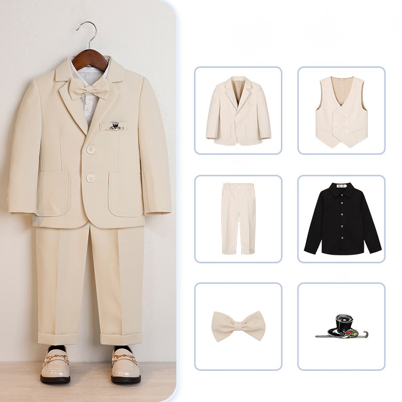 Chemical Fiber Blend Bow Regular Sleeve Regular Formal Suit - Beige - 6-piece Set With Black Shirt - 170cm - image 22