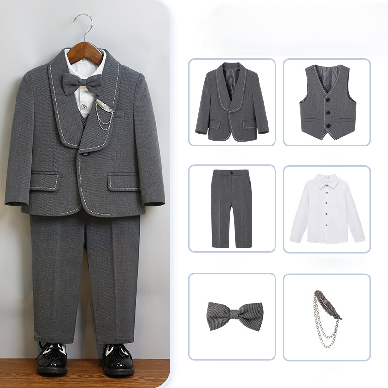 Chemical Fiber Blend Bow Regular Sleeve Regular Formal Suit - Grey - 6-piece Set - 170cm - image 4