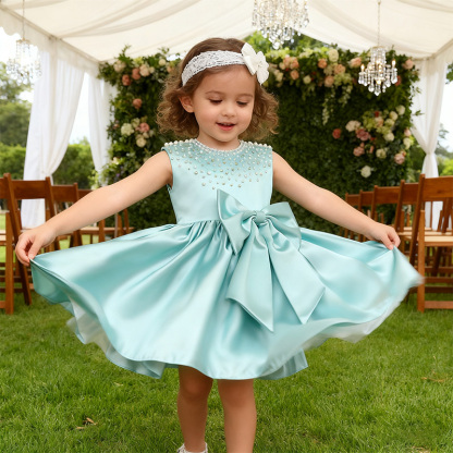 Chemical Fiber Blend Imitation Pearls Bow Sleeveless Mid-long Dresses - image 11