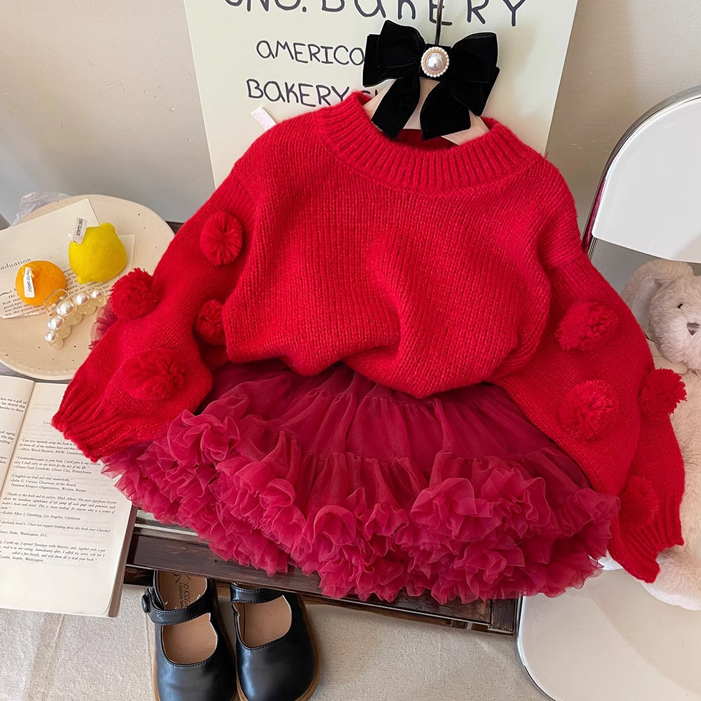 Knitwear Long Sleeve Short Two-piece Set - Red - 140cm - image 1