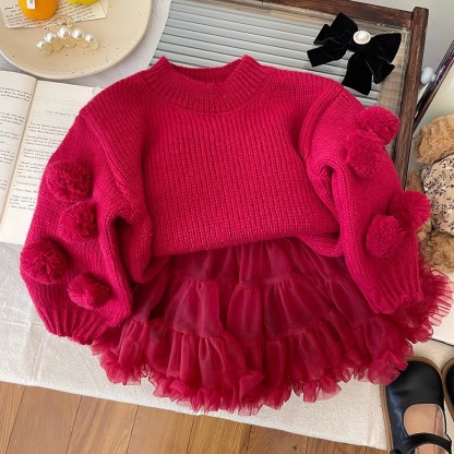 Knitwear Long Sleeve Short Two-piece Set - Wine - 140cm - image 4