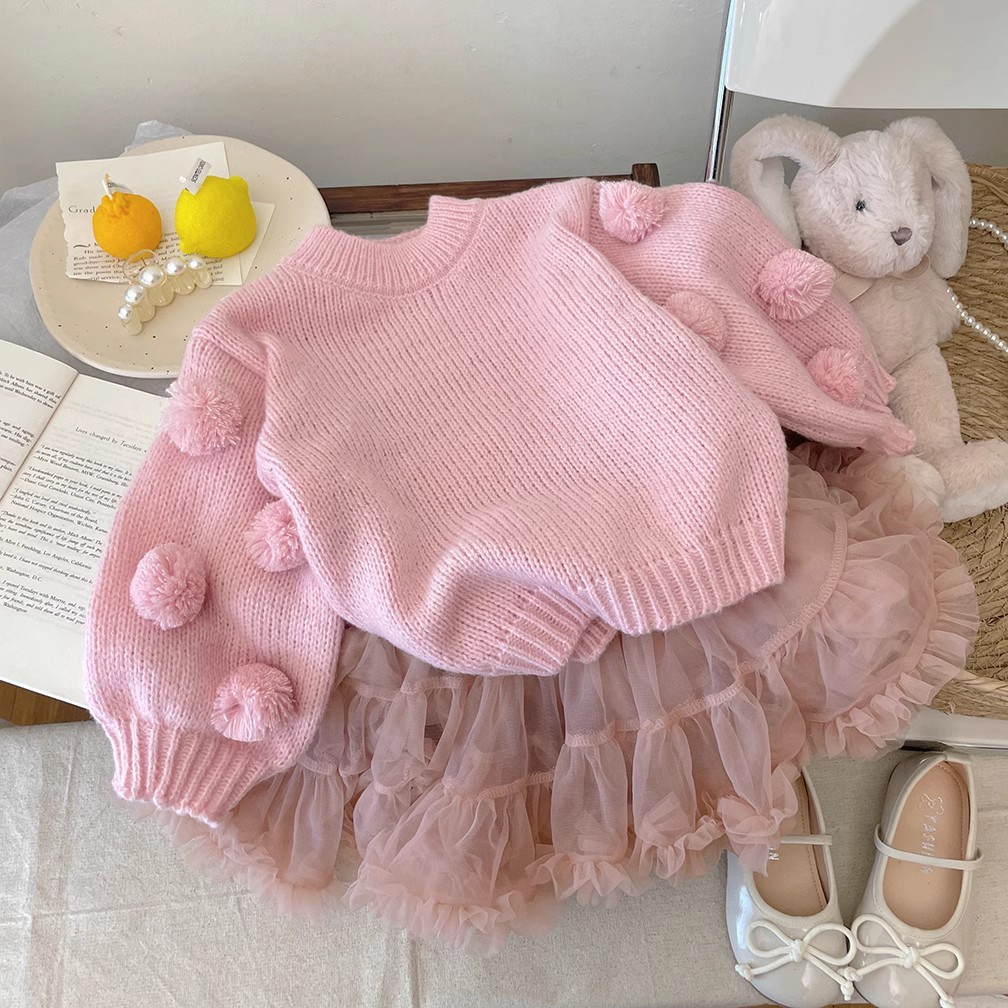 Knitwear Long Sleeve Short Two-piece Set - Pink - 140cm - image 7