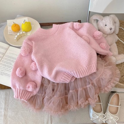 Knitwear Long Sleeve Short Two-piece Set - Pink - 140cm - image 7