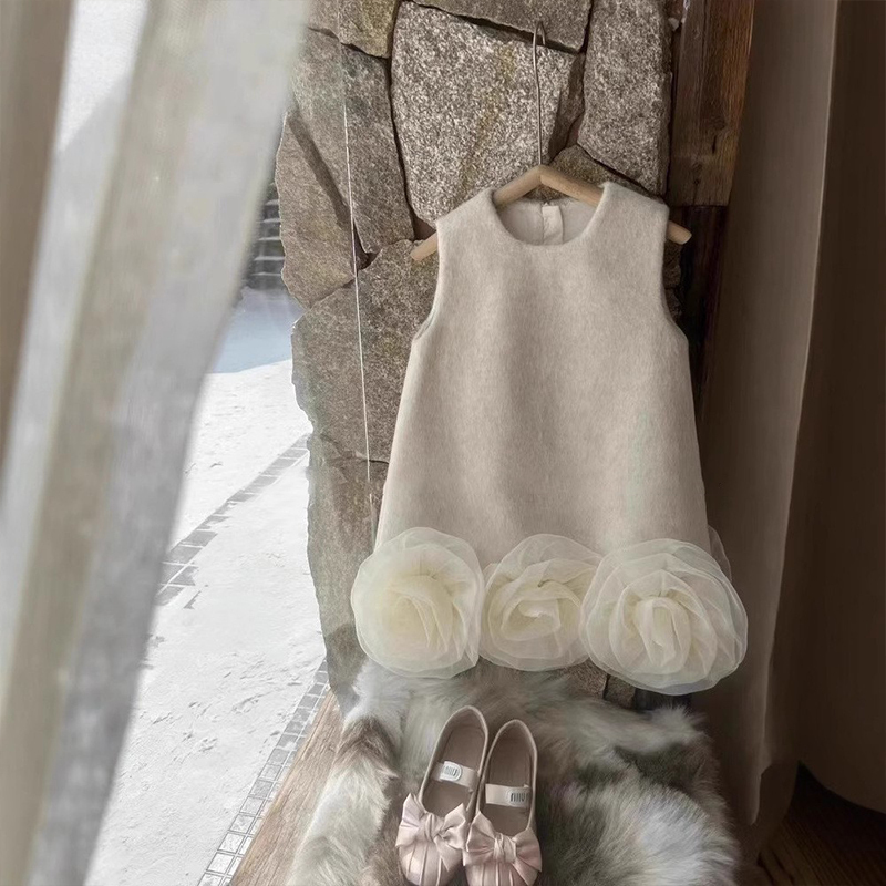 Woolen Rosette Sleeveless Midi Dresses - Beige - 6-8Y - image 3