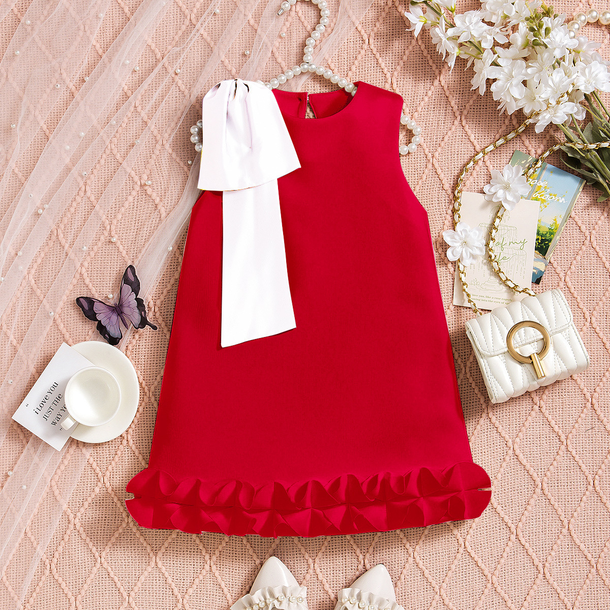 SCUBA KNIT Bow Sleeveless Midi Dresses - Red - 5-6Y - image 9