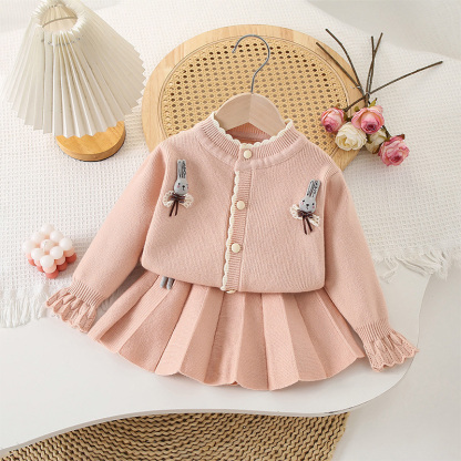 Knitting Embellished Long Sleeve Regular Two-piece Set - Pink - 7-8Y - image 1