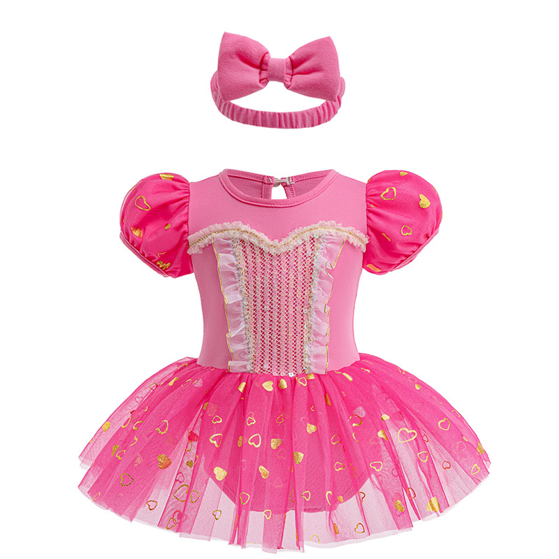Mesh Stitching Lace Short Sleeve Regular Dresses - Pink - 12-18M - image 1