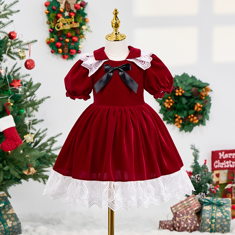 Velvet Bow Folds Short Sleeve Mid-long Dresses - image 2