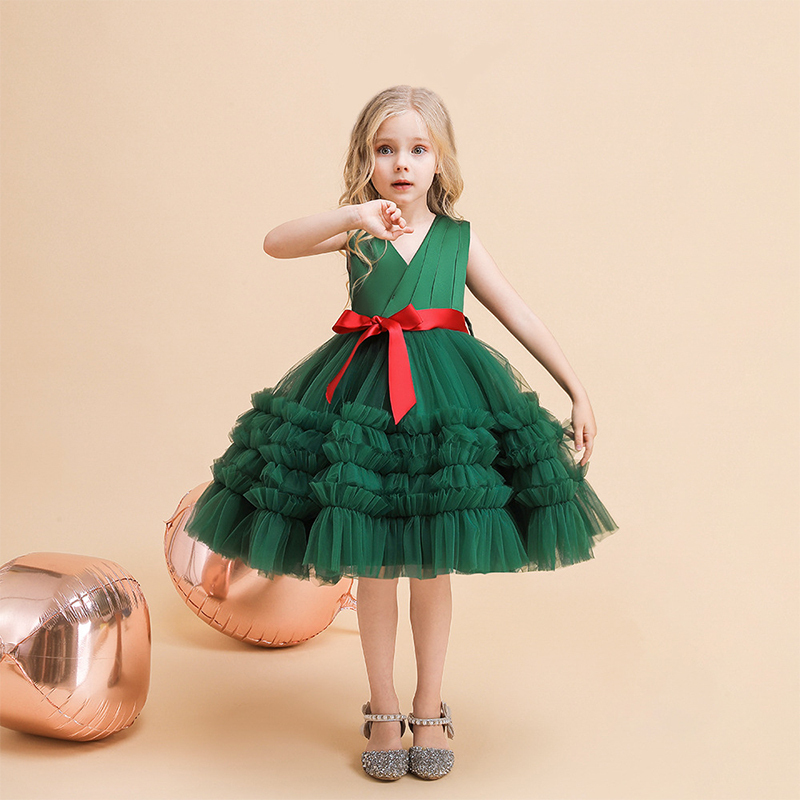 Mesh Bow Folds Sleeveless Mid-long Dresses - Green-Red - 7Y - image 16