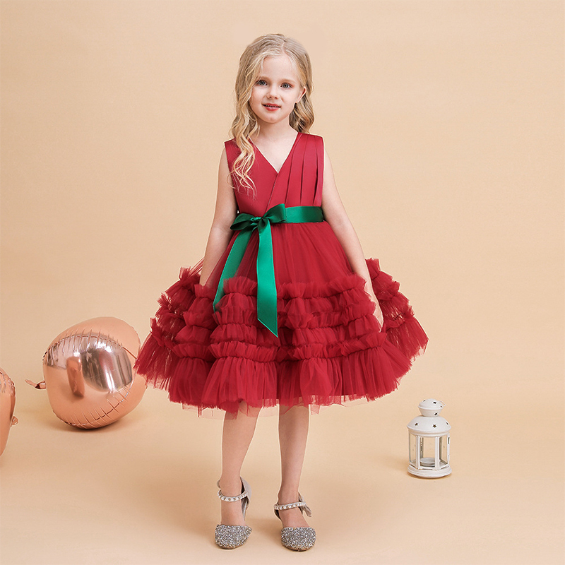 Mesh Bow Folds Sleeveless Mid-long Dresses - Red-Green - 7Y - image 23