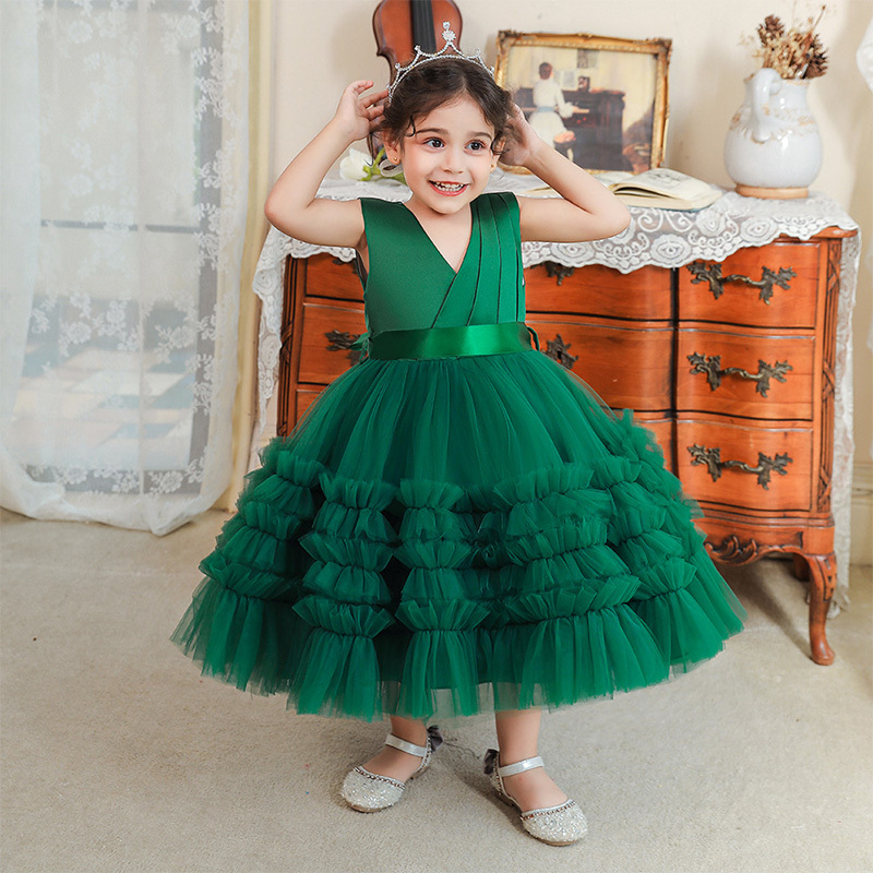 Mesh Bow Folds Sleeveless Mid-long Dresses - Green - 7Y - image 30