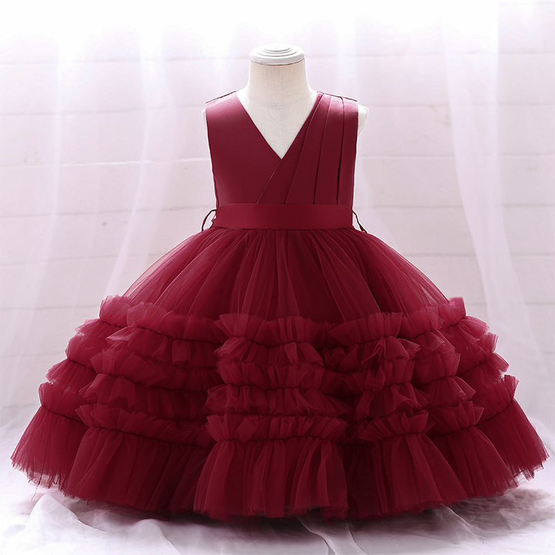 Mesh Bow Folds Sleeveless Mid-long Dresses - Red - 7Y - image 37