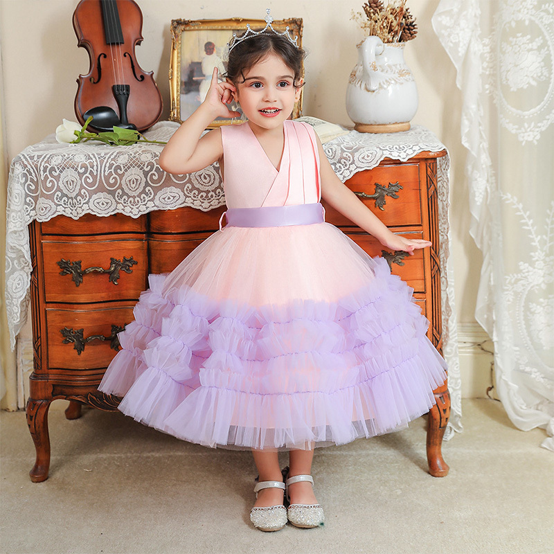 Mesh Bow Folds Sleeveless Mid-long Dresses - Purple - 7Y - image 8